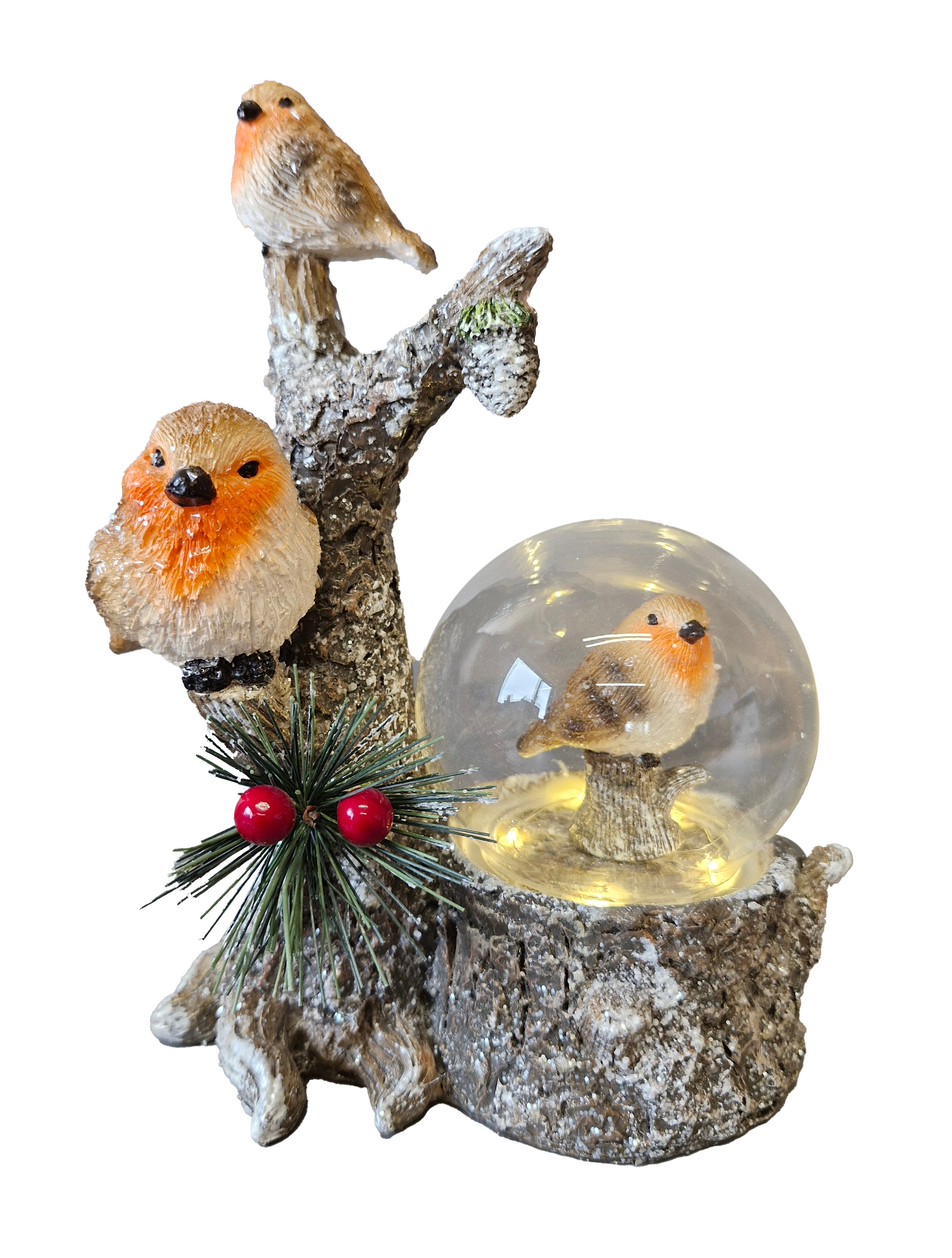 Robin Family on Tree with Robin in Globe LED